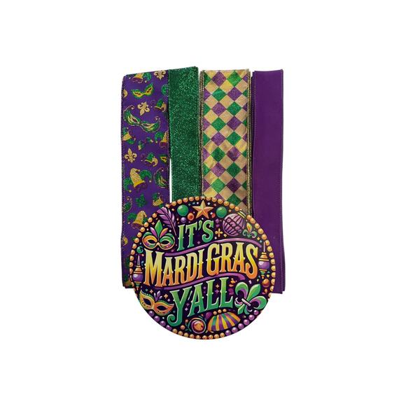 Mardi Gras Wreath Kit Sign & Ribbon Bundle Purple Green Gold Home Party Decor - Picture 1 of 4